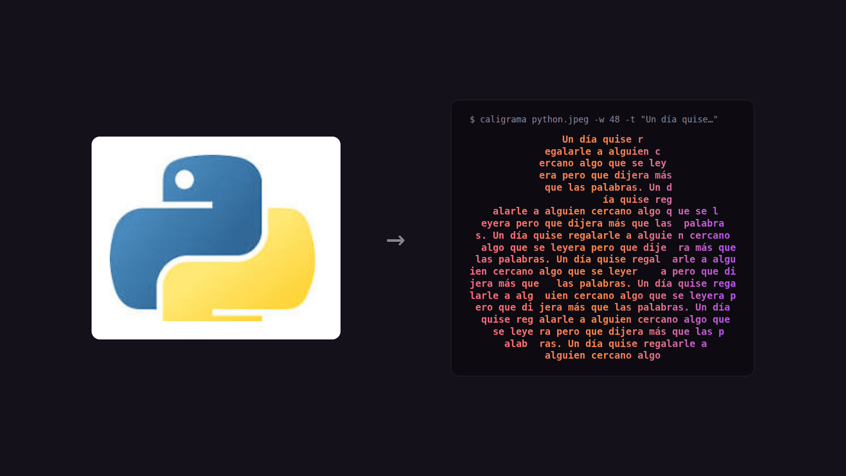 The Python logo turned into a calligram from the terminal