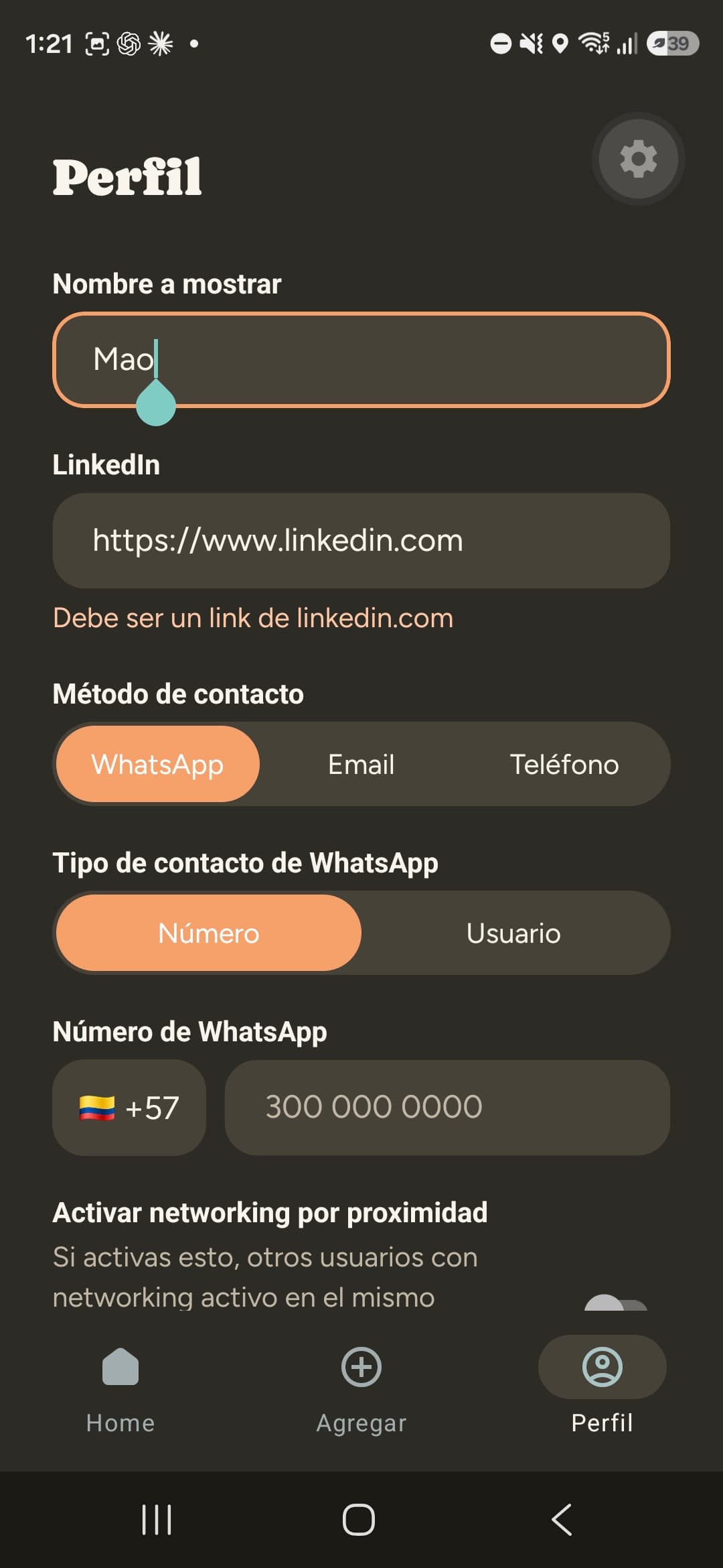 Perfil de usuario y configuración de privacidad